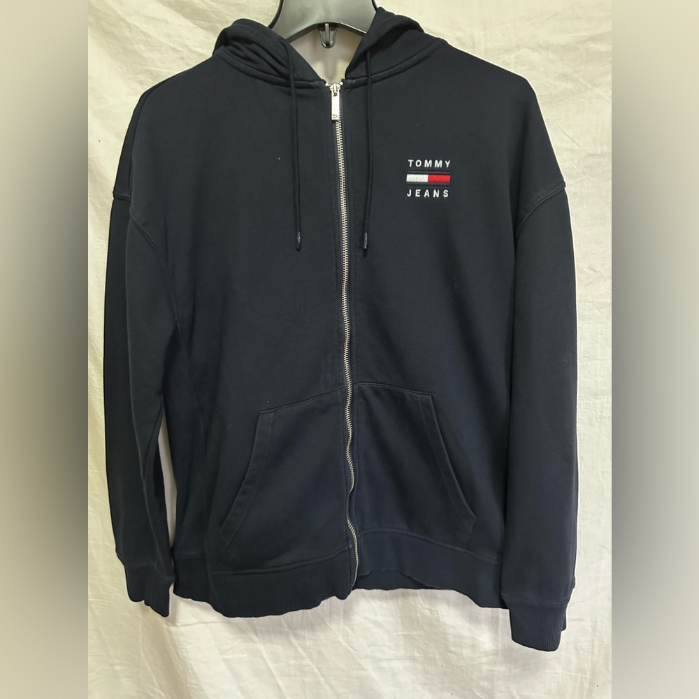 Tommy Hilfiger Blue logo print cotton zip front hoodie women’s size medium